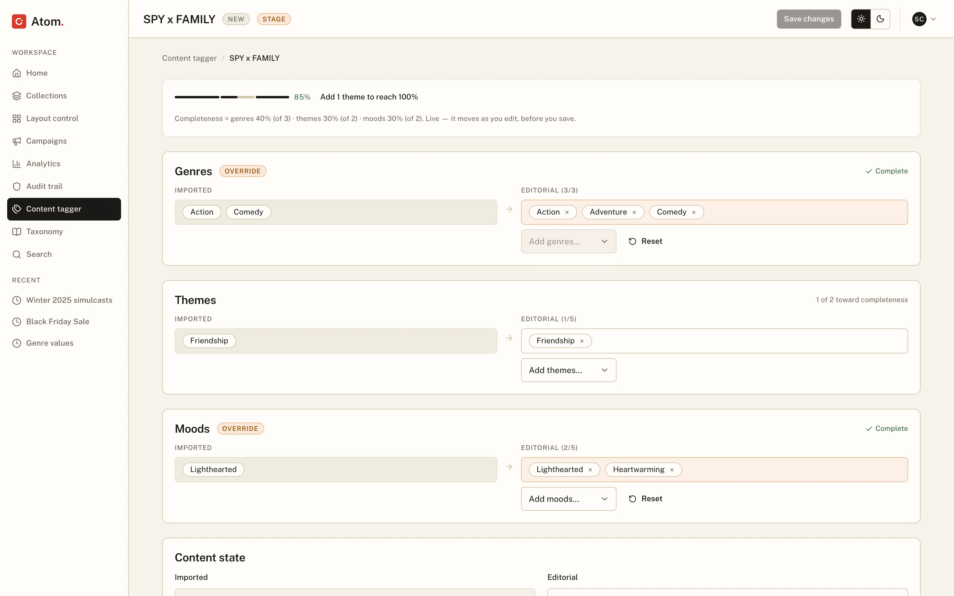 Tagging SPY x FAMILY. Imported data on the left, the editable copy on the right, and a header that says exactly what's missing.