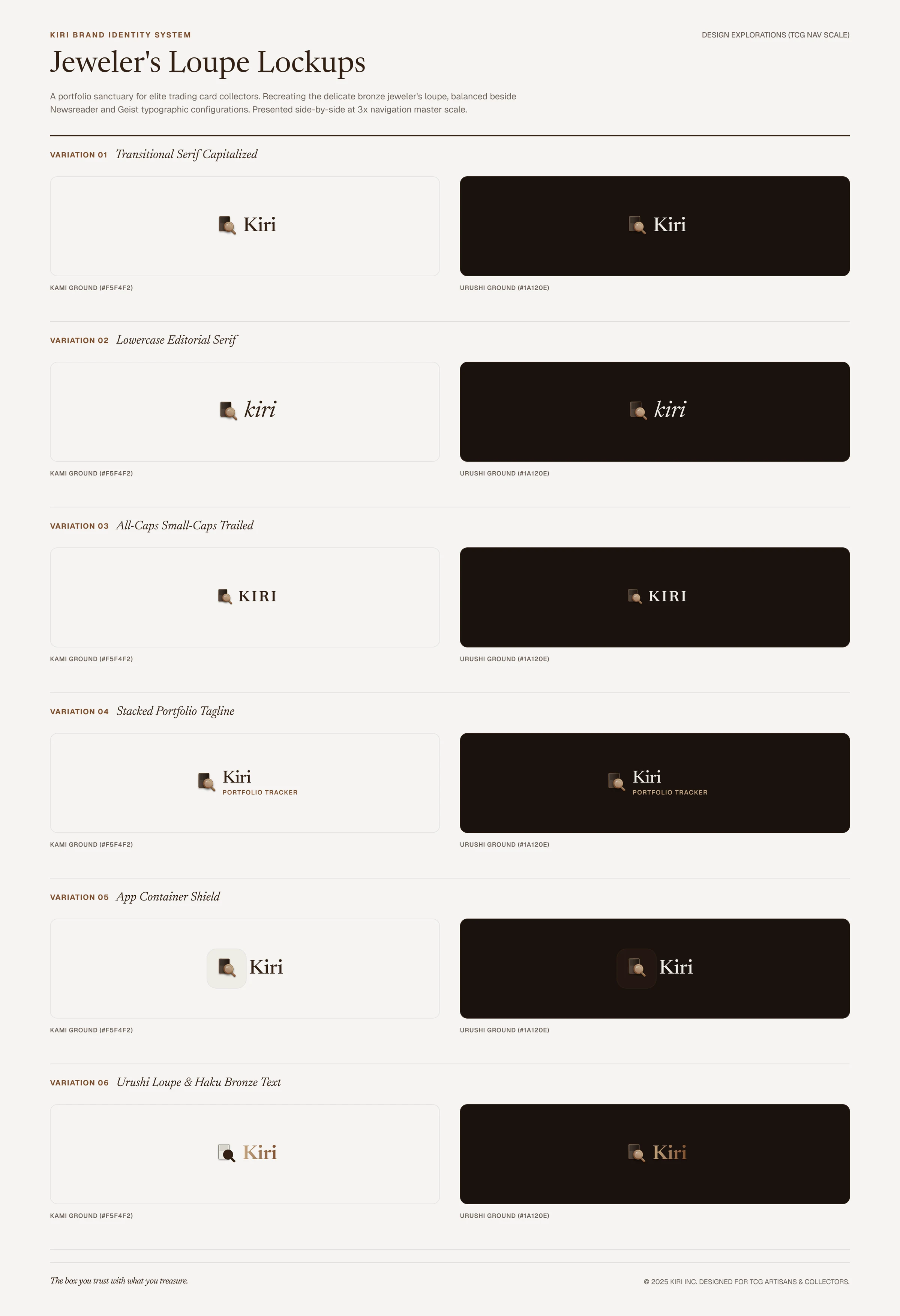 Six ways of pairing the loupe with the wordmark, tested on light and dark. Variation 03 is the one that shipped.