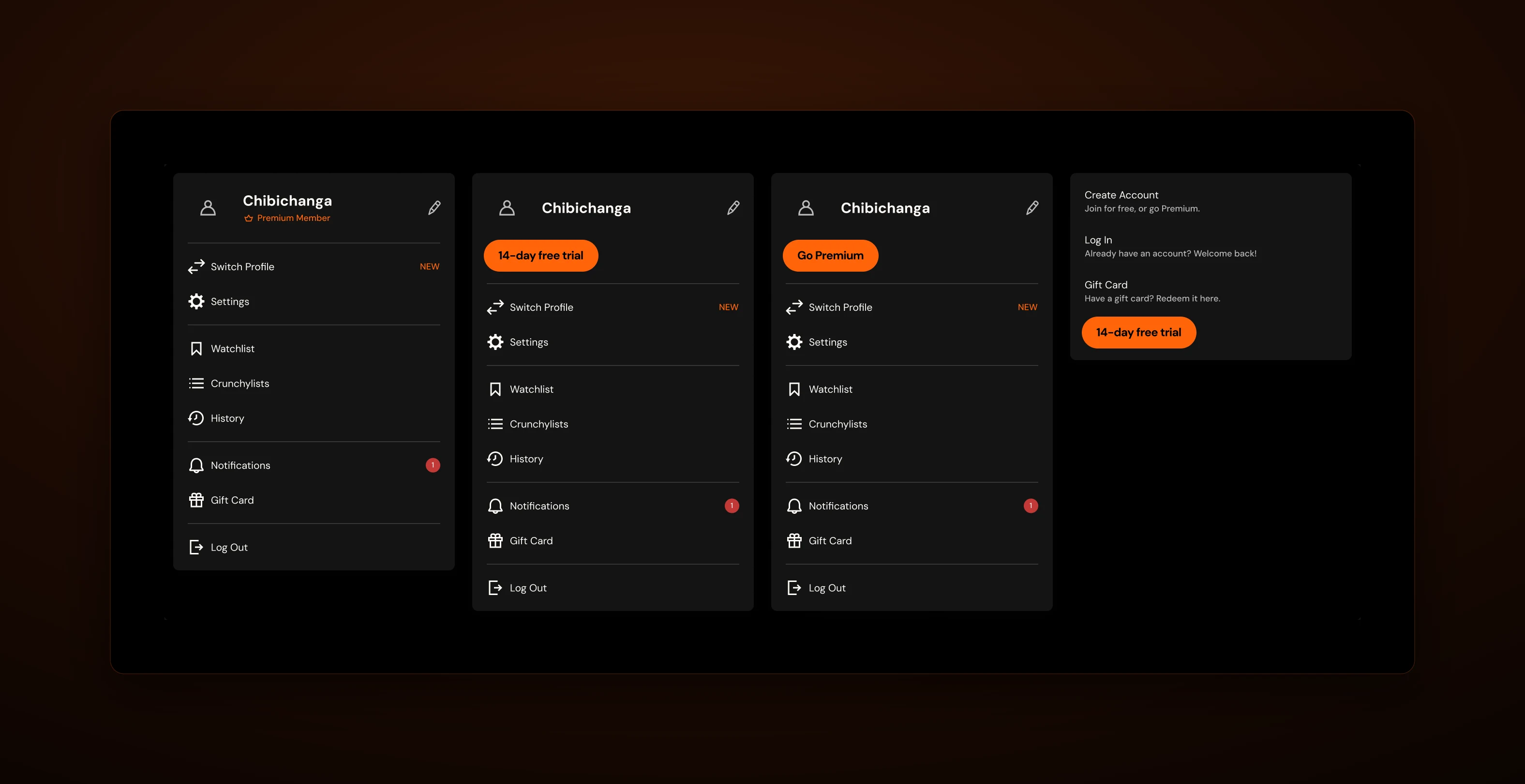 The account menu in four sessions, assembled from menu rows, the profile row, and a Button.