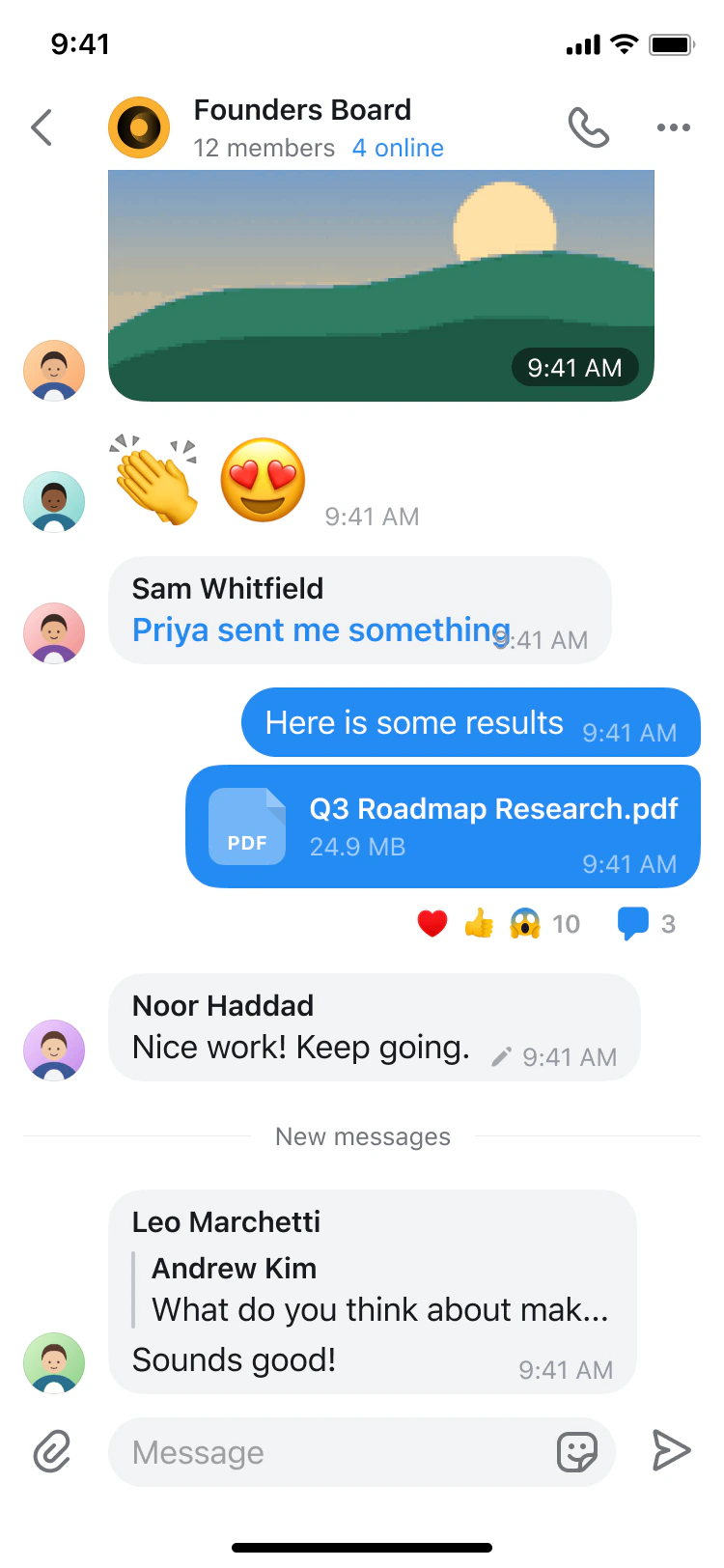 The iOS chat: the bubble treatment, a file card, reactions under the message, and a reply.