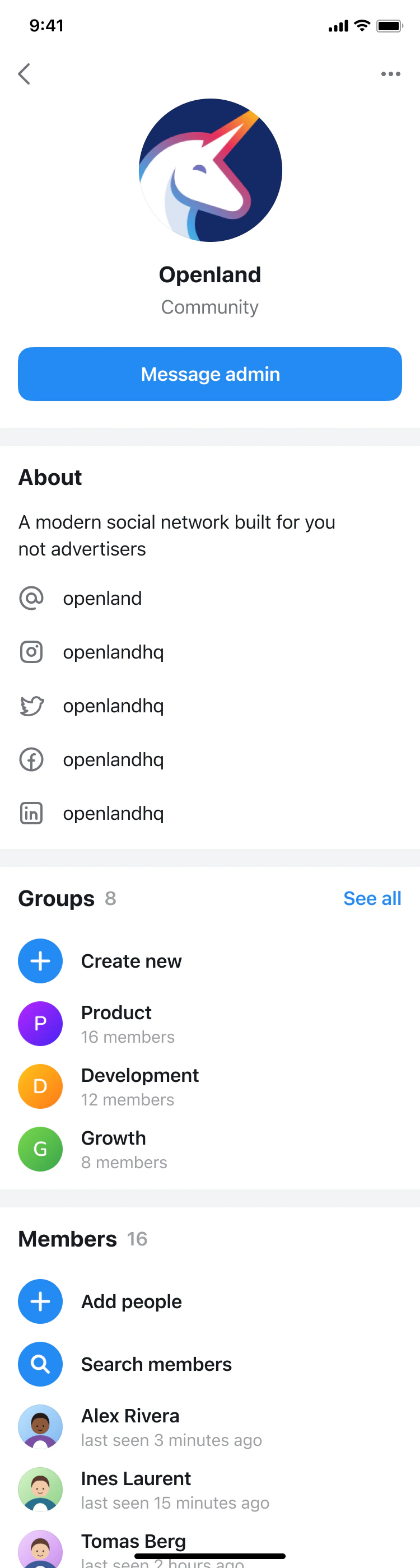 A community: about, groups, members.