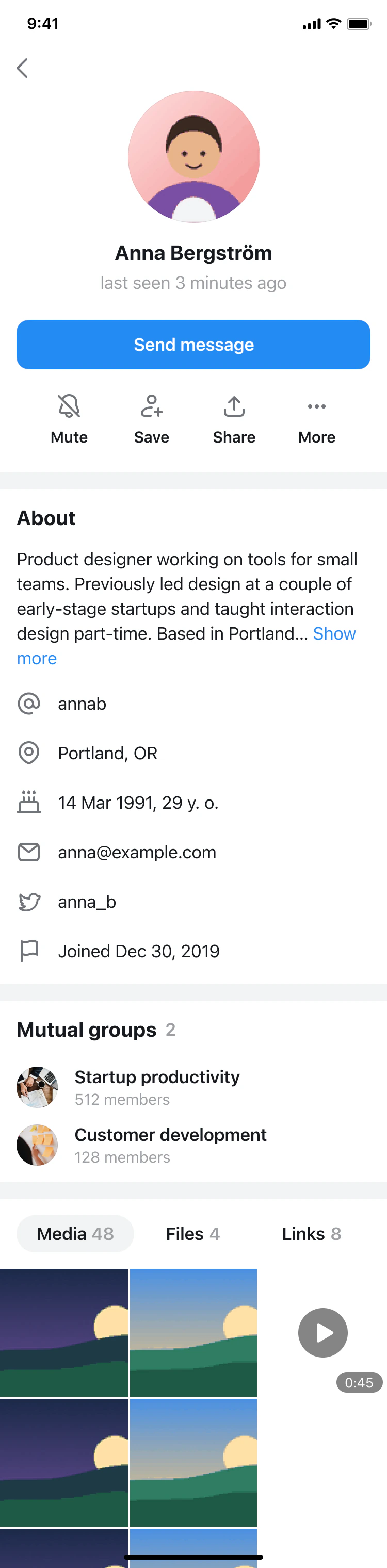 A profile with mutual groups and shared media.