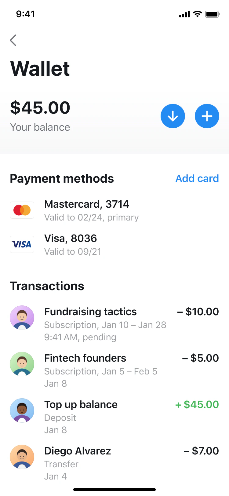 Wallet: balance, cards, transactions.