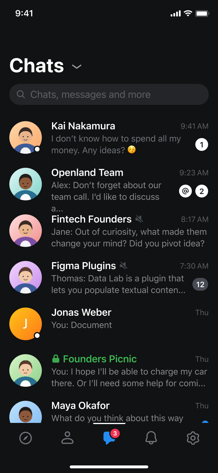 The same chat list in dark mode. No screen was redrawn; the tokens did it.