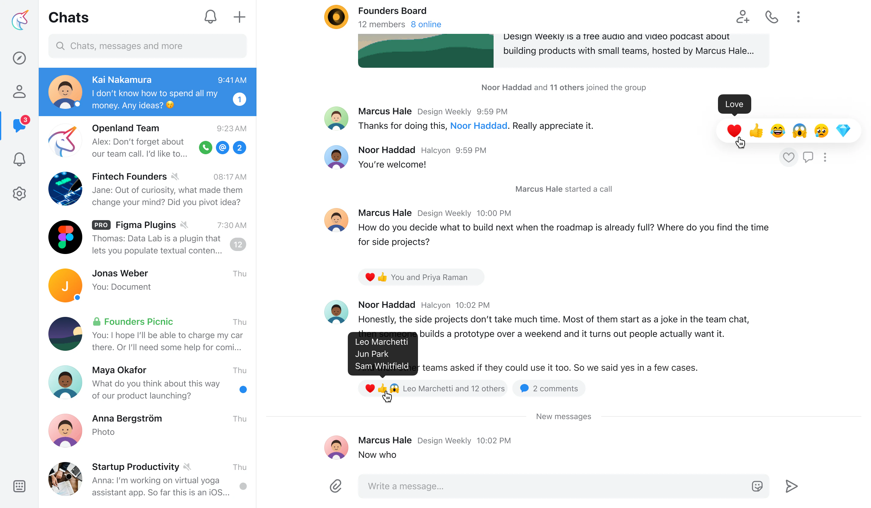 Reactions on hover, with who reacted.