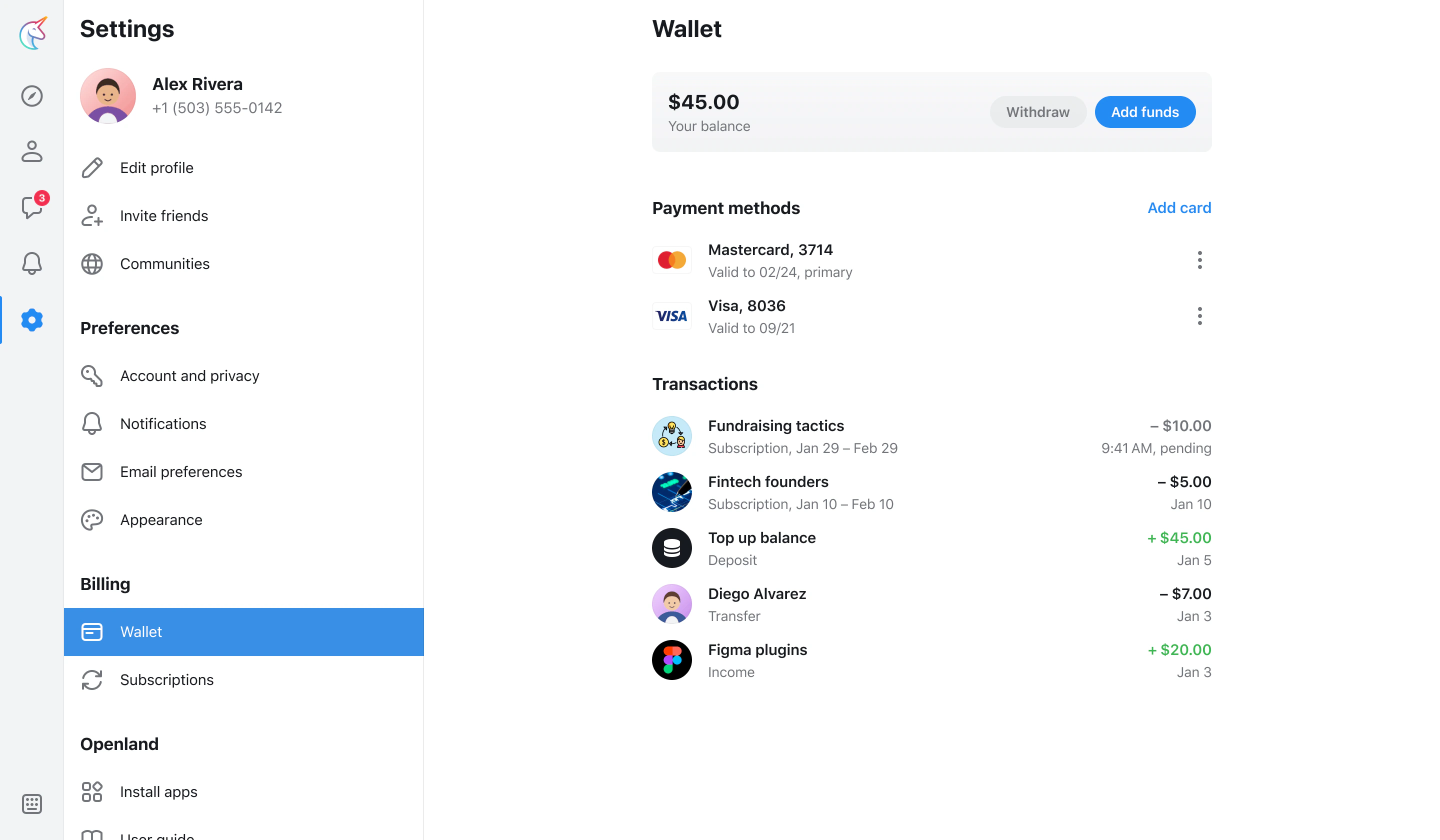 Wallet inside settings.