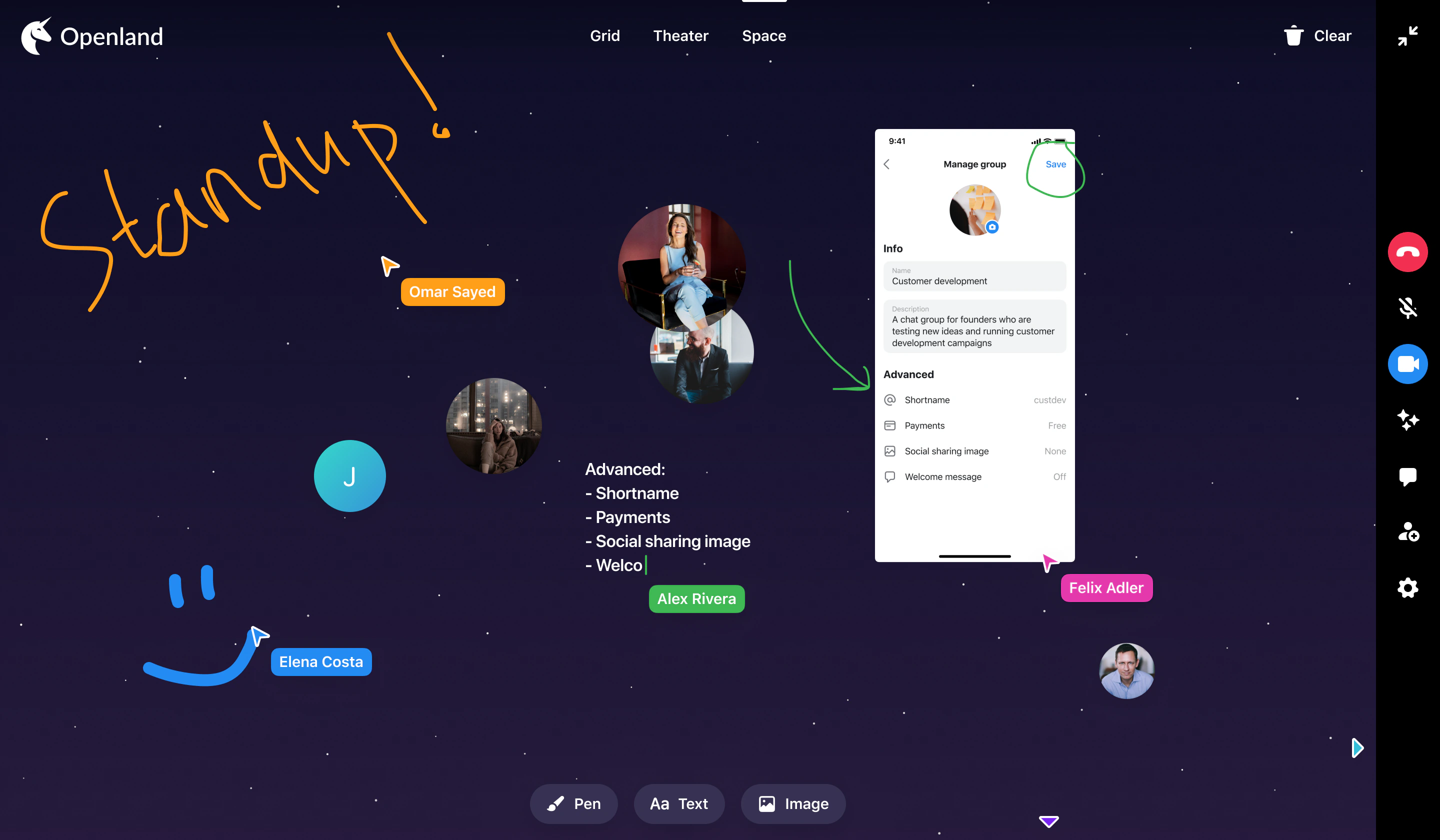 The call space: a shared canvas with cursors and a pen.