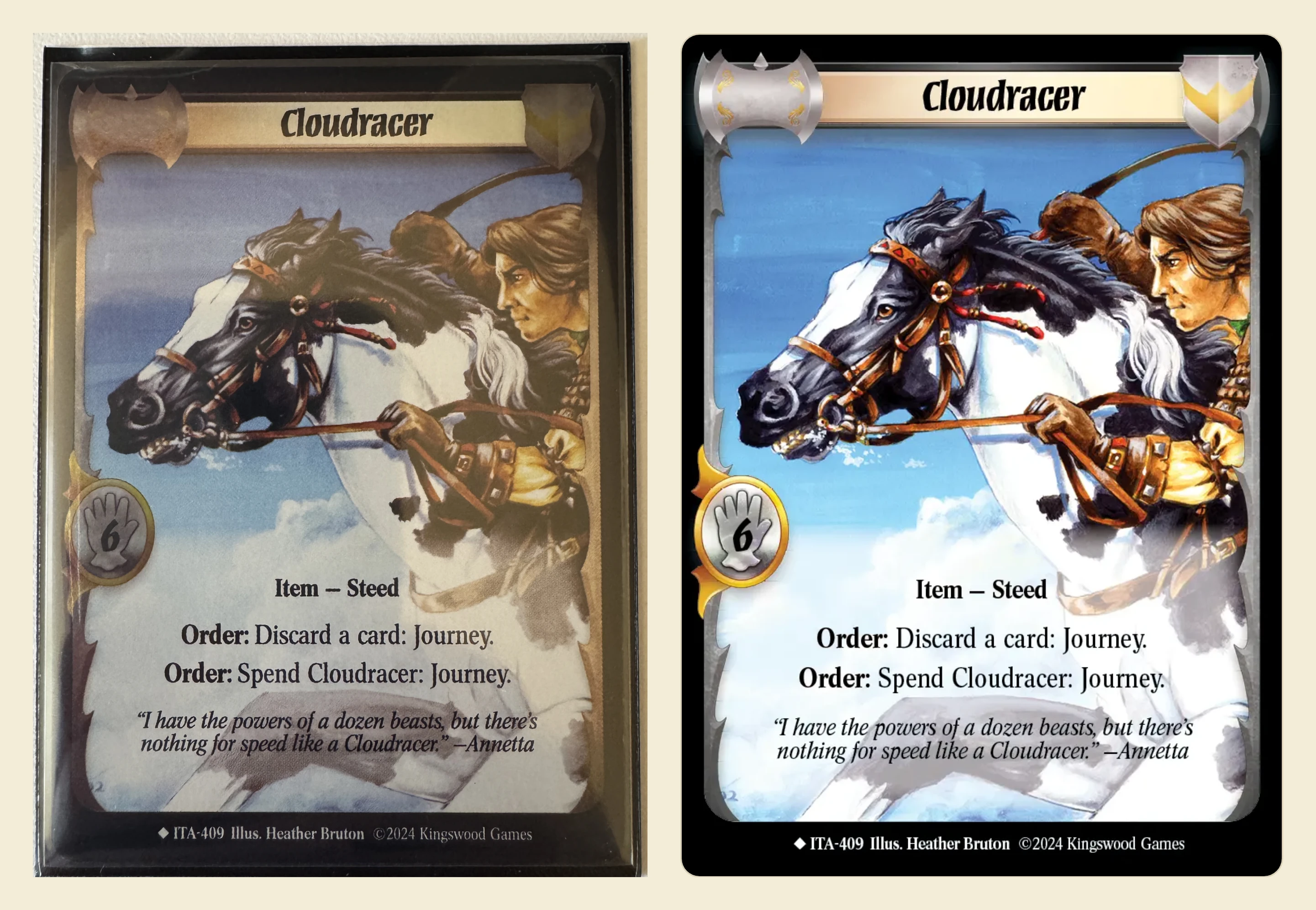 The physical ITA-409 in a toploader, and the same printing rendered on its detail page. Same collector number, same art crop, same frame.